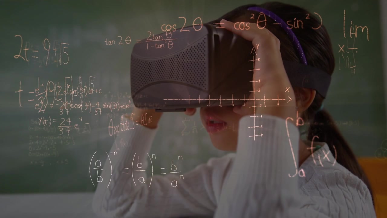 Animation of mathematical equations over schoolgirl using vr headset