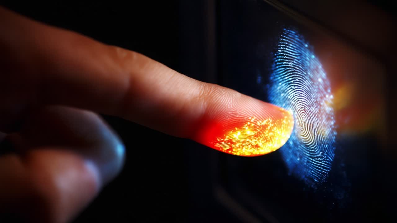 A Close-Up of a Finger Touching a High-Tech Fingerprint Scanner, Showcasing Vibrant Colors and Intricate Patterns in the Digital Fingerprint Recognition Process