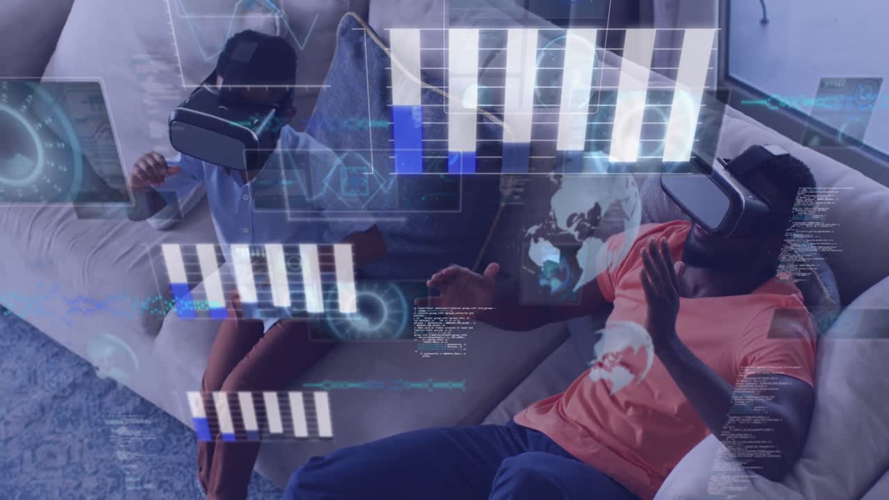 행복한 아프리카계 미국인 아버지와 아들이 vr 헤드 ⁇ 을 착용하는 다양한 데이터의 애니메이션