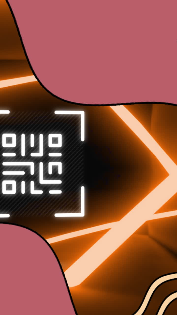 animación de un código qr brillante sobre formas geométricas de neón