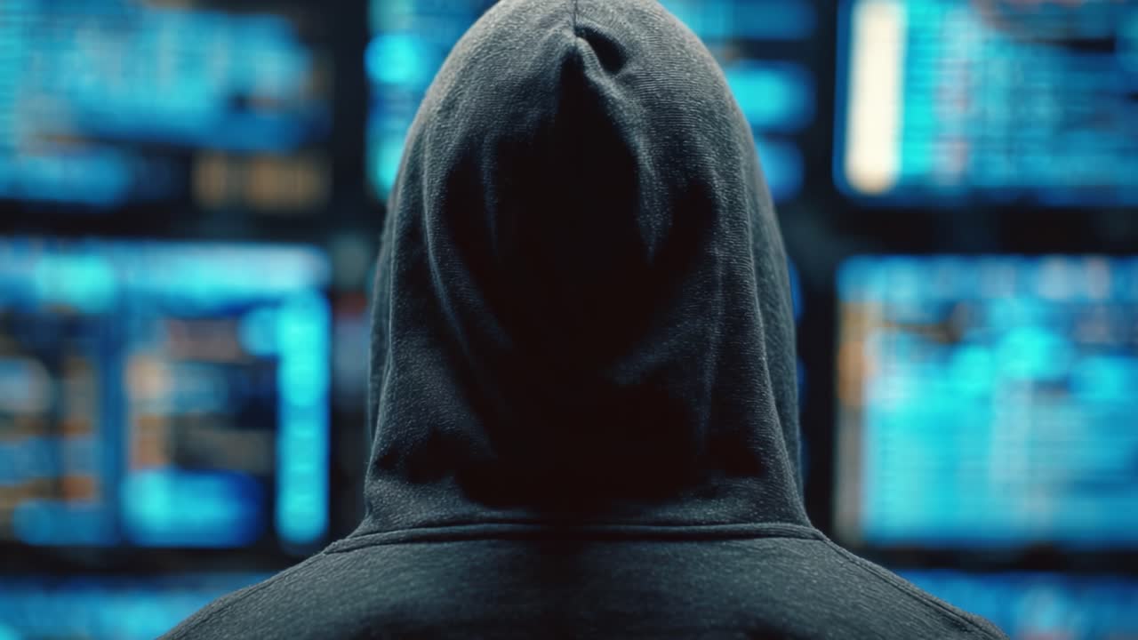 En mystisk skikkelse i en hættetrøje analyserer digitale data på flere skærme, belyst af blå skærme, hvilket fanger essensen af cybersikkerhed og teknologi