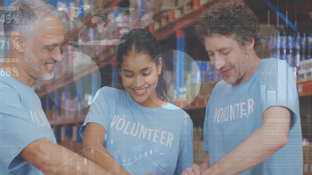 Statistical data processing over diverse male and female volunteers making a hand stack at warehouse
