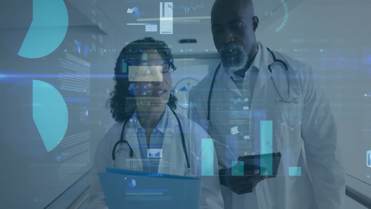 Female doctor gesturing report and male doctor swiping tablet reviewing charts diagnosing patient
