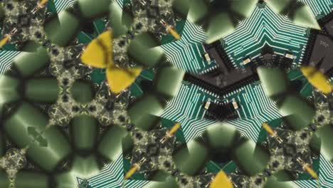 quick flashing yellow green black kaleidoscope mandala pattern of circuit board