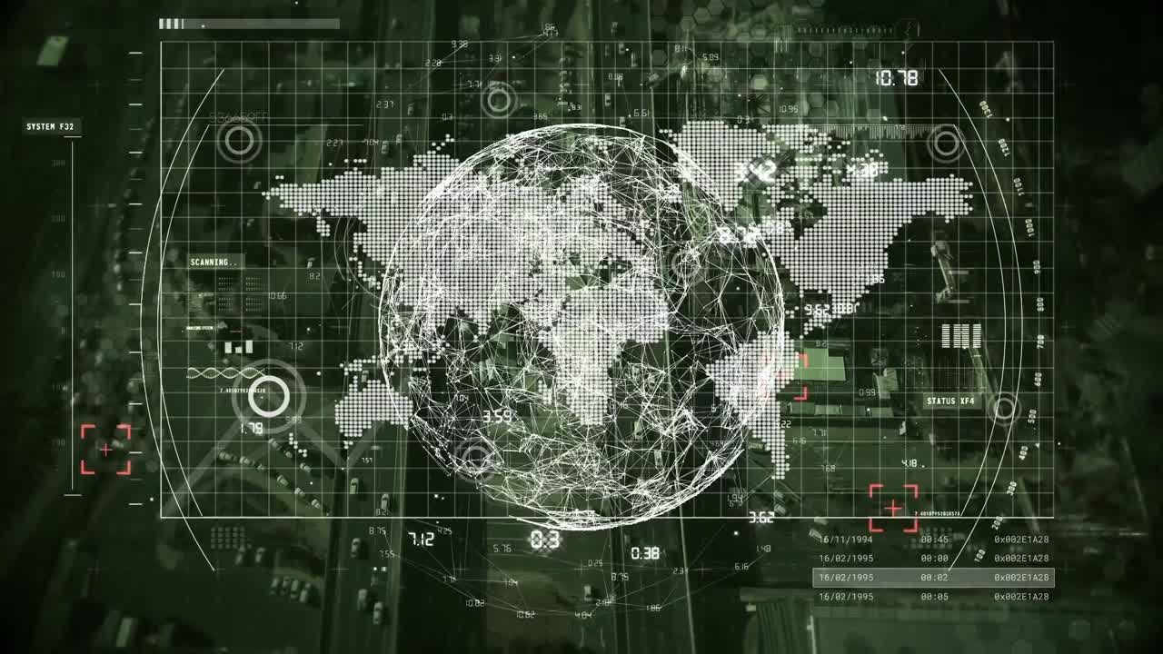 Animation of globe and cityscape over data processing