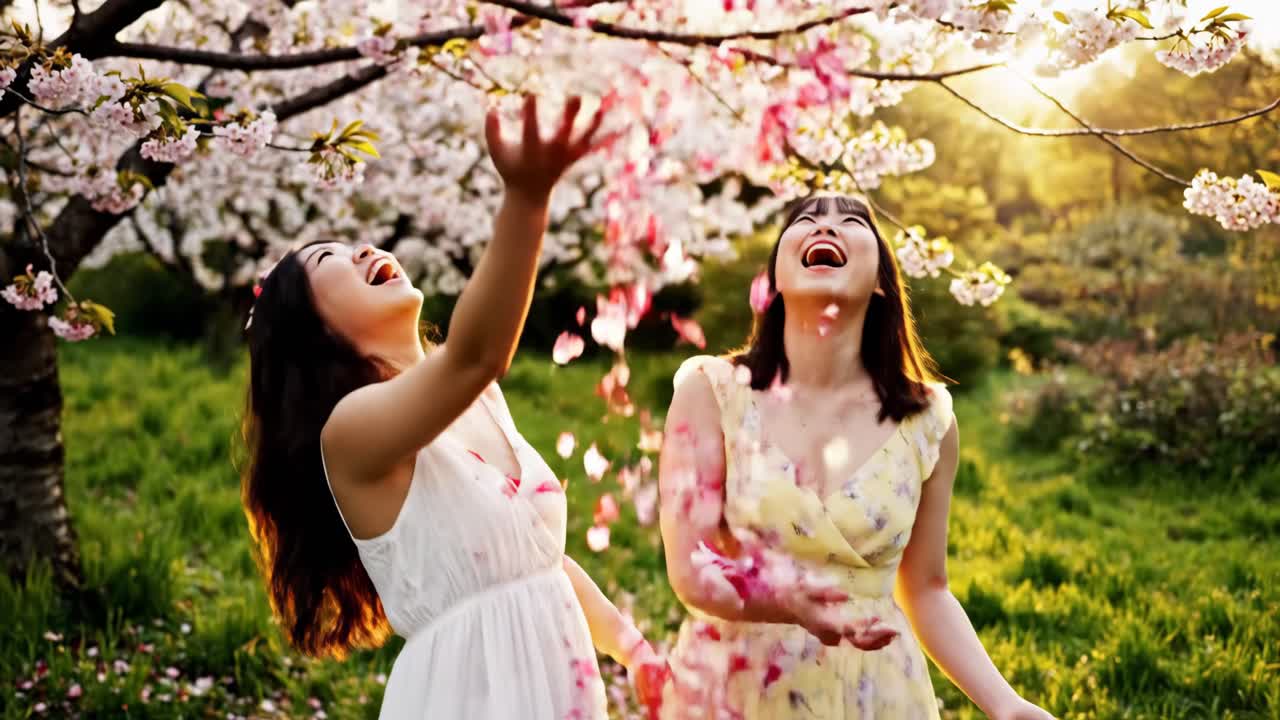 Women Enjoying Cherry Blossoms in Spring