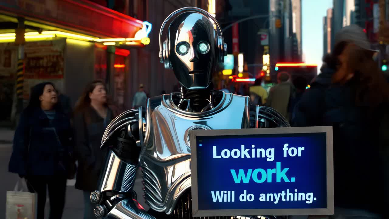 robot buscando trabajo en una ciudad concurrida