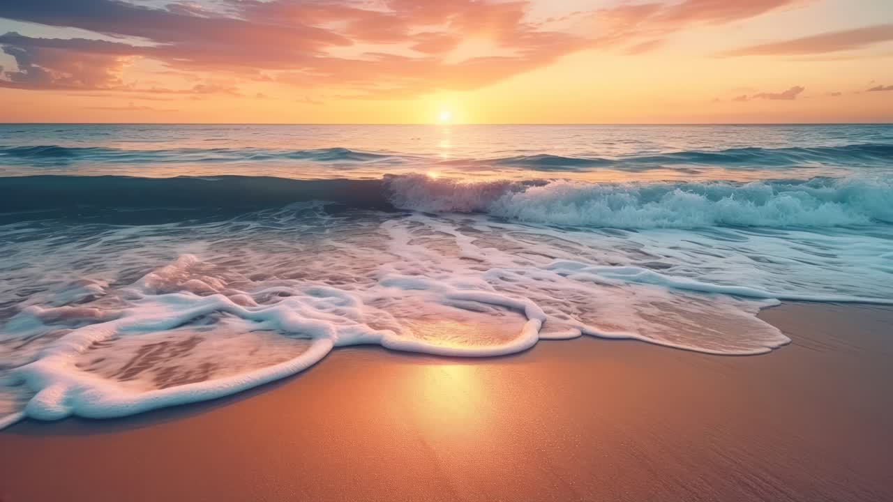 A serene sunset over a tranquil beach, captured from a low angle
