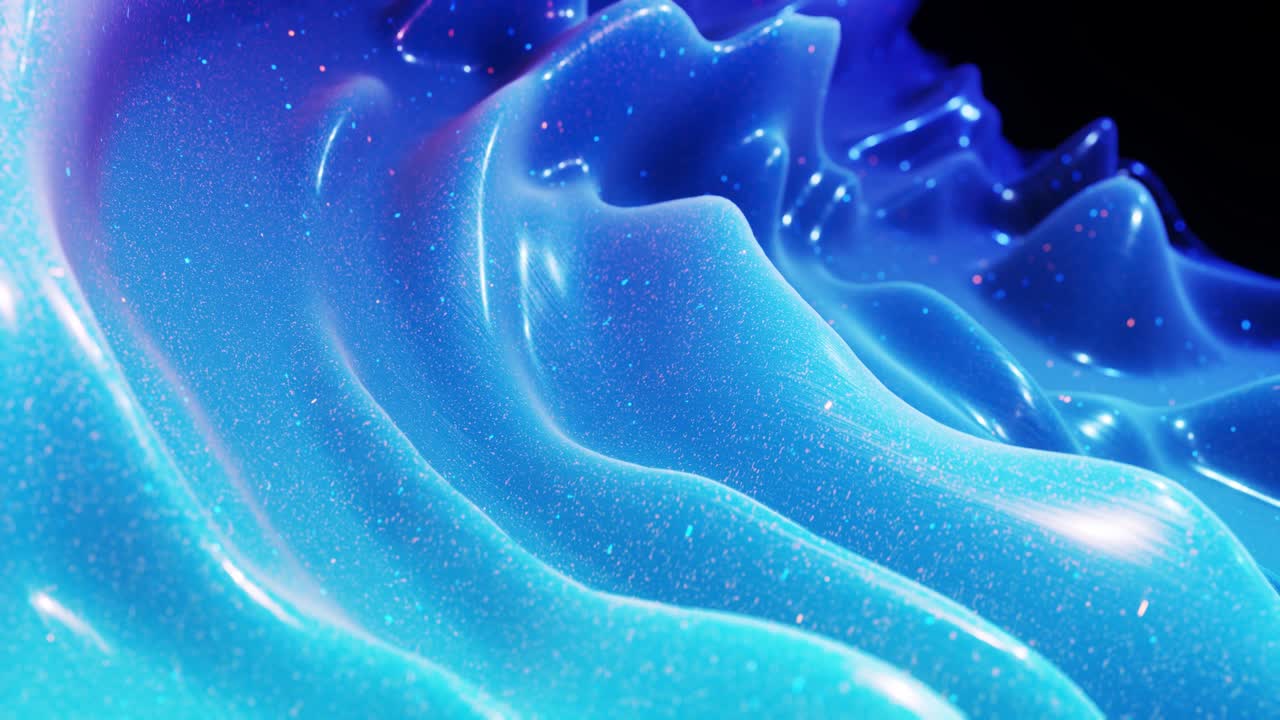 fantastical festive blue bg. Stylish abstract looped background, waves move on glossy surface like landscape made of liquid blue wax with sparkles. Beautiful soft background with smooth animation 4k