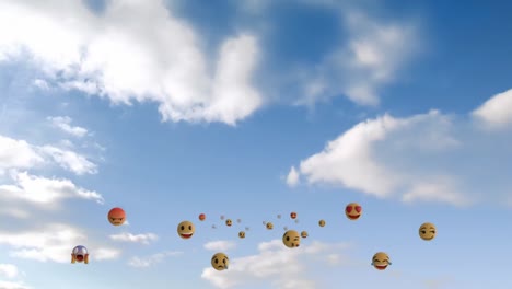 iconos de emoji volando sobre el cielo con nubes