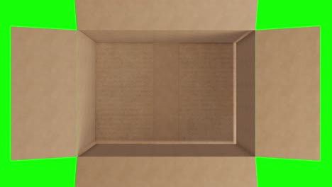 overhead of empty brown cardboard box with lid opening on green screen background