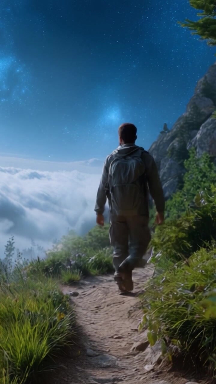 A solitary figure walks along a winding path through lush greenery, gazing at the breathtaking view of clouds below and a starry sky above in a serene landscape.