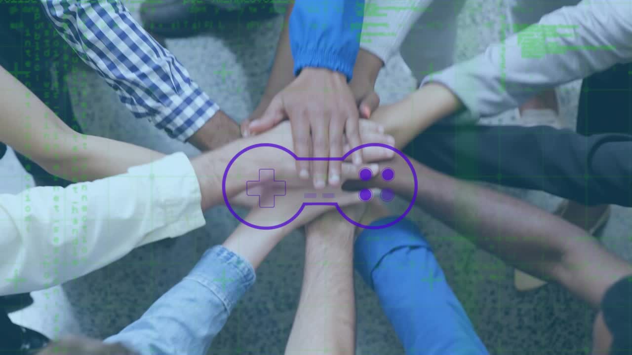Animation of data processing and gamepad over diverse business people teaming up
