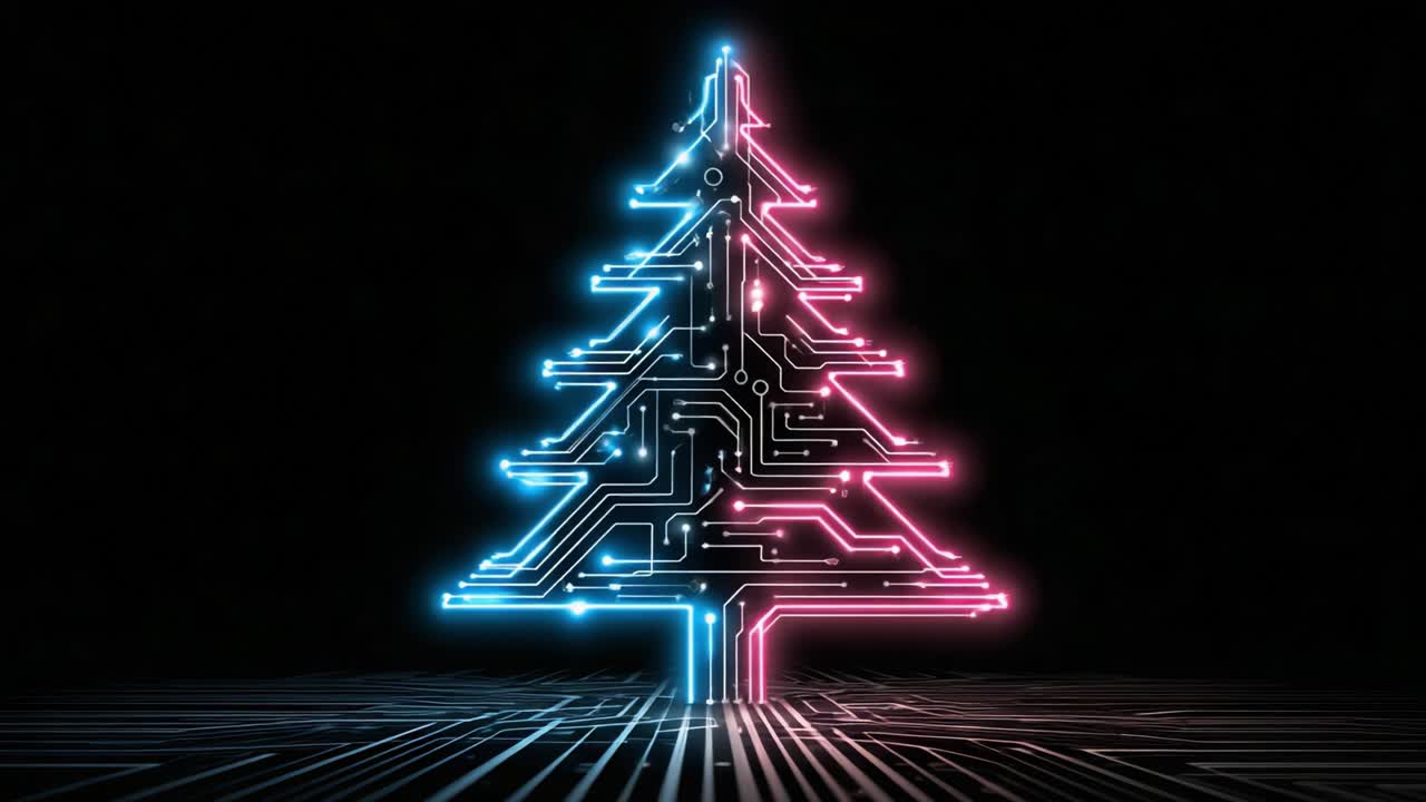 A Futuristic Circuit-Patterned Christmas Tree Illuminated in Neon Pink and Blue, Combining Elements of Holiday Traditions with Modern Technology and Digital Aesthetics