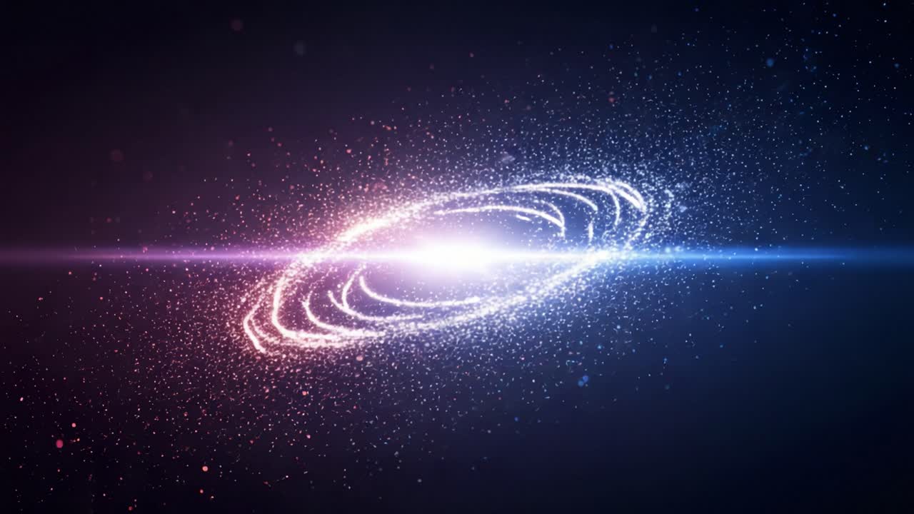 A mesmerizing cosmic view of a swirling galaxy, showcasing vibrant colors and a brilliant core surrounded by stardust and glowing particles in the vast universe