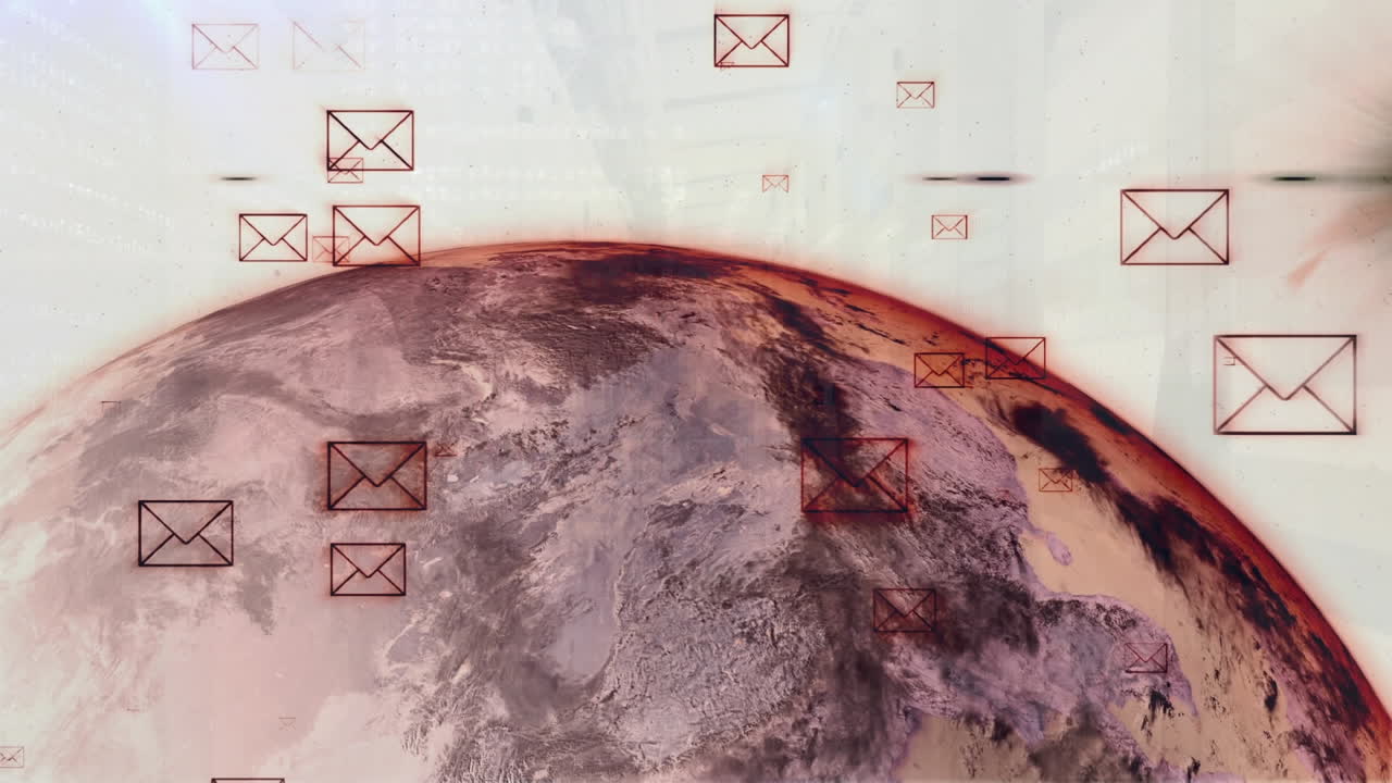 Animation of multiple message icons, data processing and light spot against spinning globe