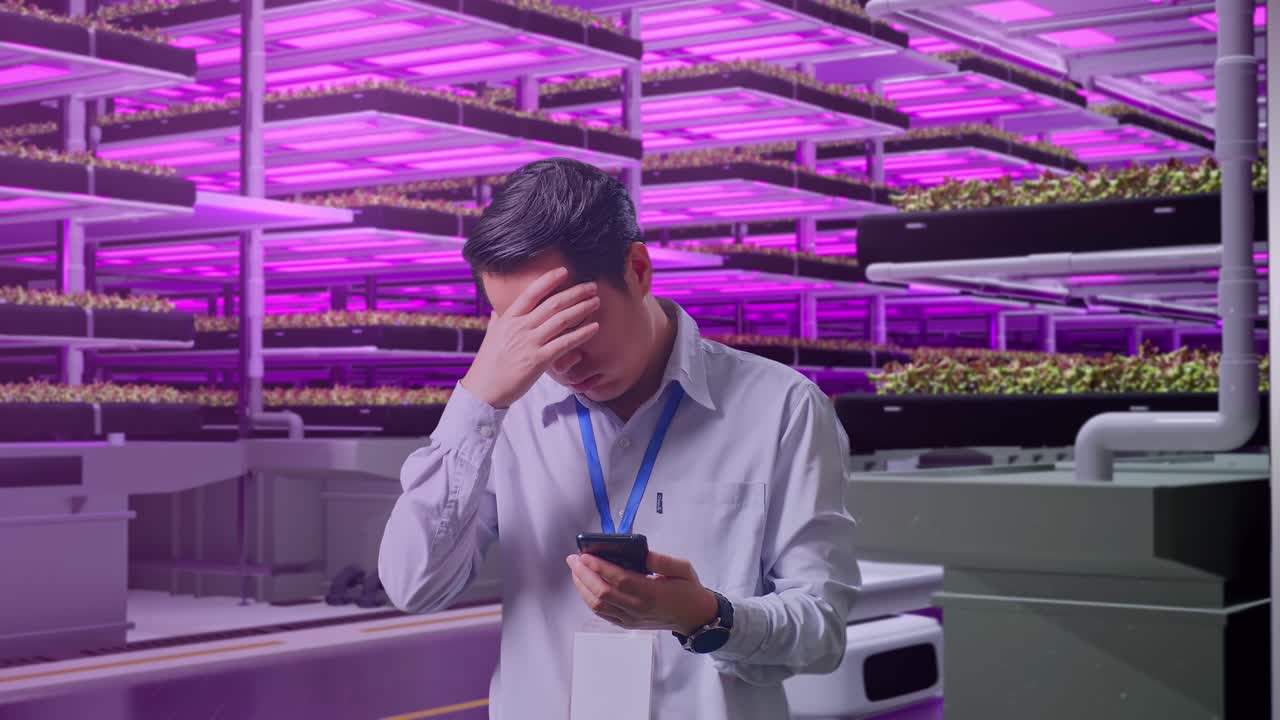 hombre comprobando su teléfono inteligente en una granja vertical