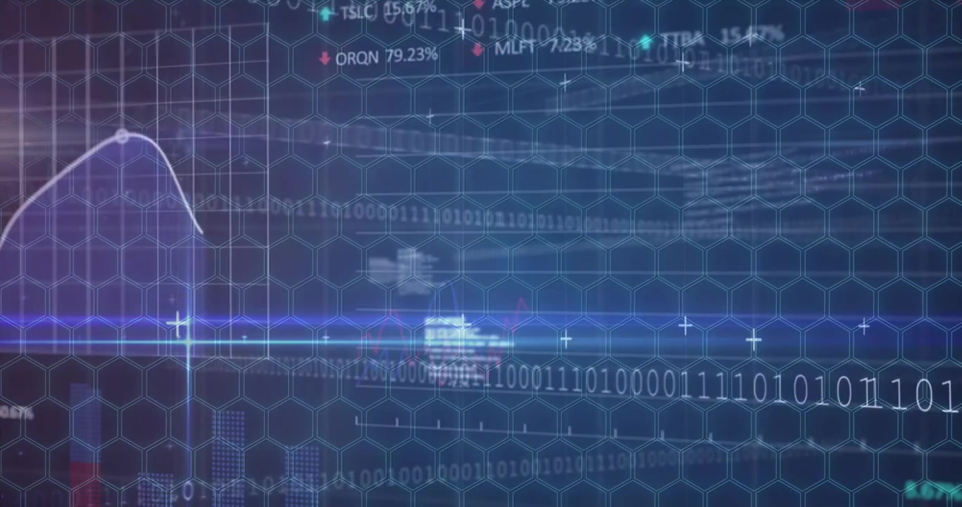 Animation of light trails over data processing on blue background