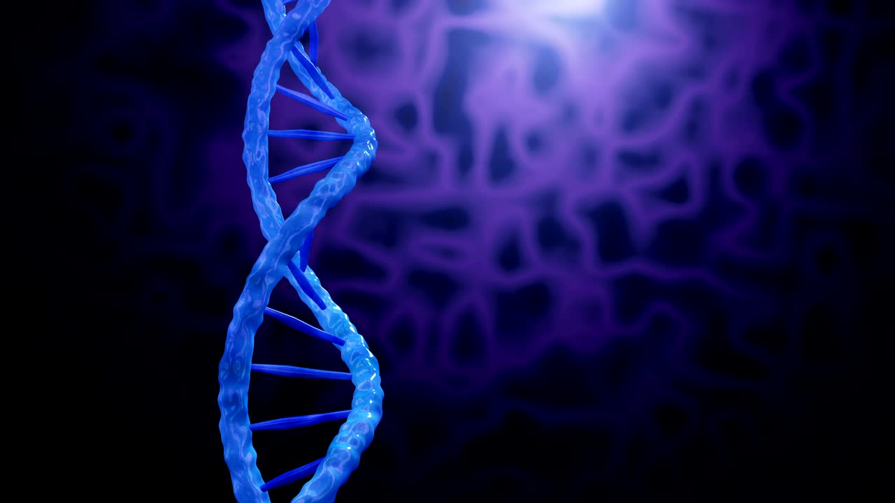 secuencia de cadena de adn en bucle. primer plano de una hélice cromosómica con un fondo púrpura. renderizado en 3d, 4k