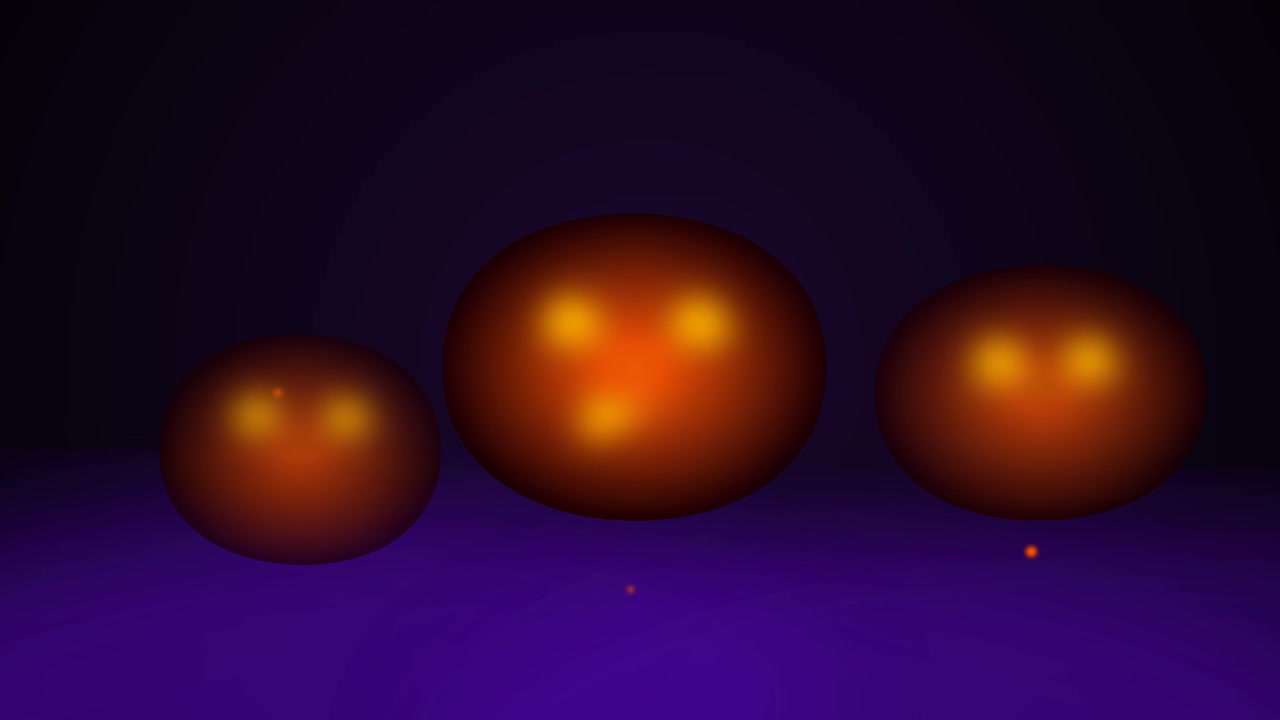 Tre sfere arancioni luminose che fluttuano in uno spazio viola scuro