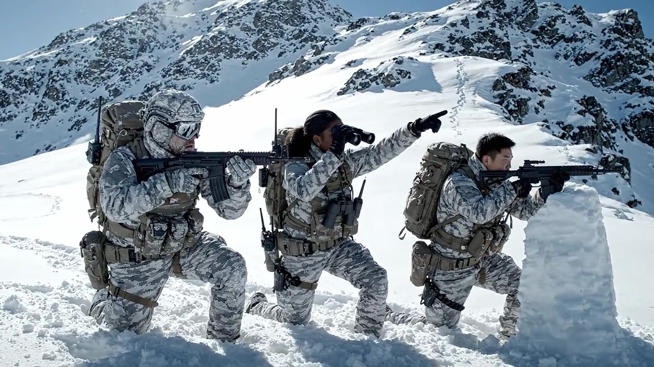 Tre soldati che navigano su una montagna innevata, preparandosi all'azione mentre dimostrano lavoro di squadra, resilienza e abilità di sopravvivenza in condizioni estreme