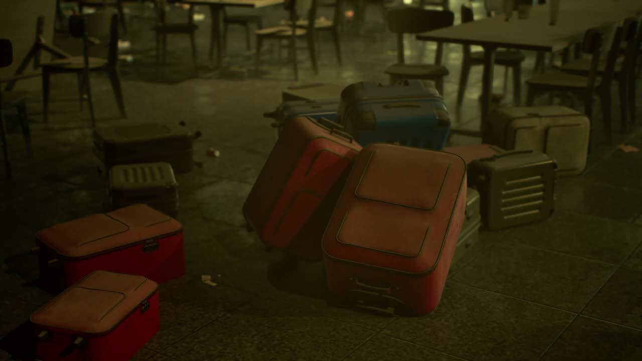 Abandoned airport with scattered luggage and empty chairs at twilight