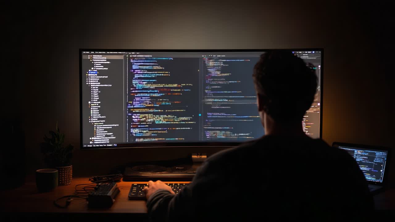 Focused Programmer Engaged in Coding on a Multi-Screen Setup, Highlighting the Intensity and Dedication of Software Development in a Privacy-Focused Environment