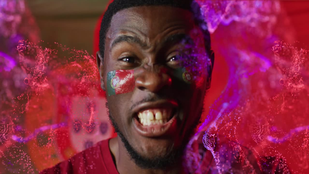 animación de un partidario afroamericano con la bandera de portugal sobre las formas