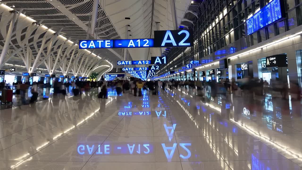 Passengers walking through a modern airport terminal, featuring a shiny floor that reflects blue gate signs. The bustling atmosphere captures the essence of travel and transportation