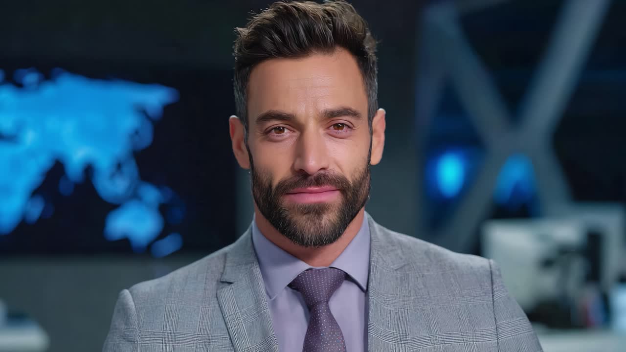 Confident man in a gray suit presents information with a professional demeanor while standing in a modern office environment highlighted by a digital background