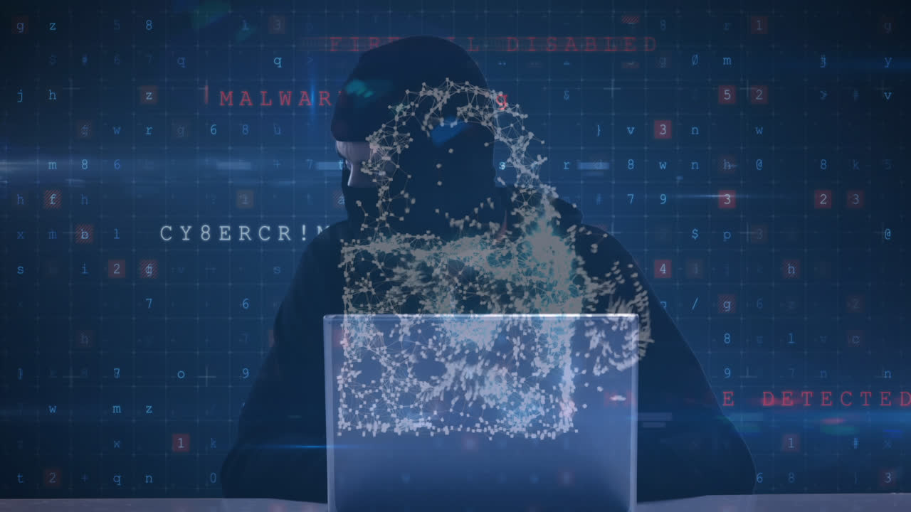 Animation of cyber attack warning over online security padlock and hacker