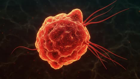 microscopic visualization of cancer cell dynamics with glowing red protrusions in a dark background highlighting intricate cellular structure and activity