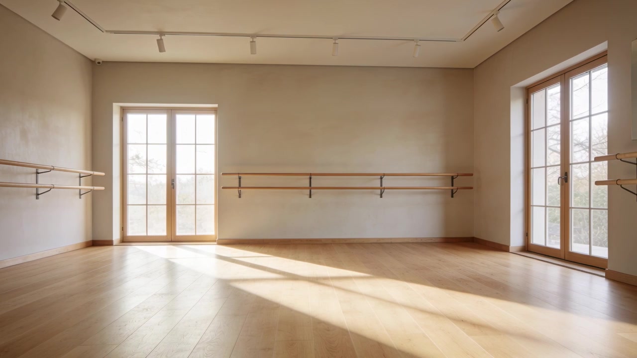 Streaming sunlight moving as sun shifts in dance studio, casting barres' shadows and window shadows