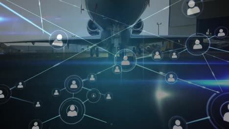 Animation-of-network-of-profile-icons-over-airplane-at-an-airport