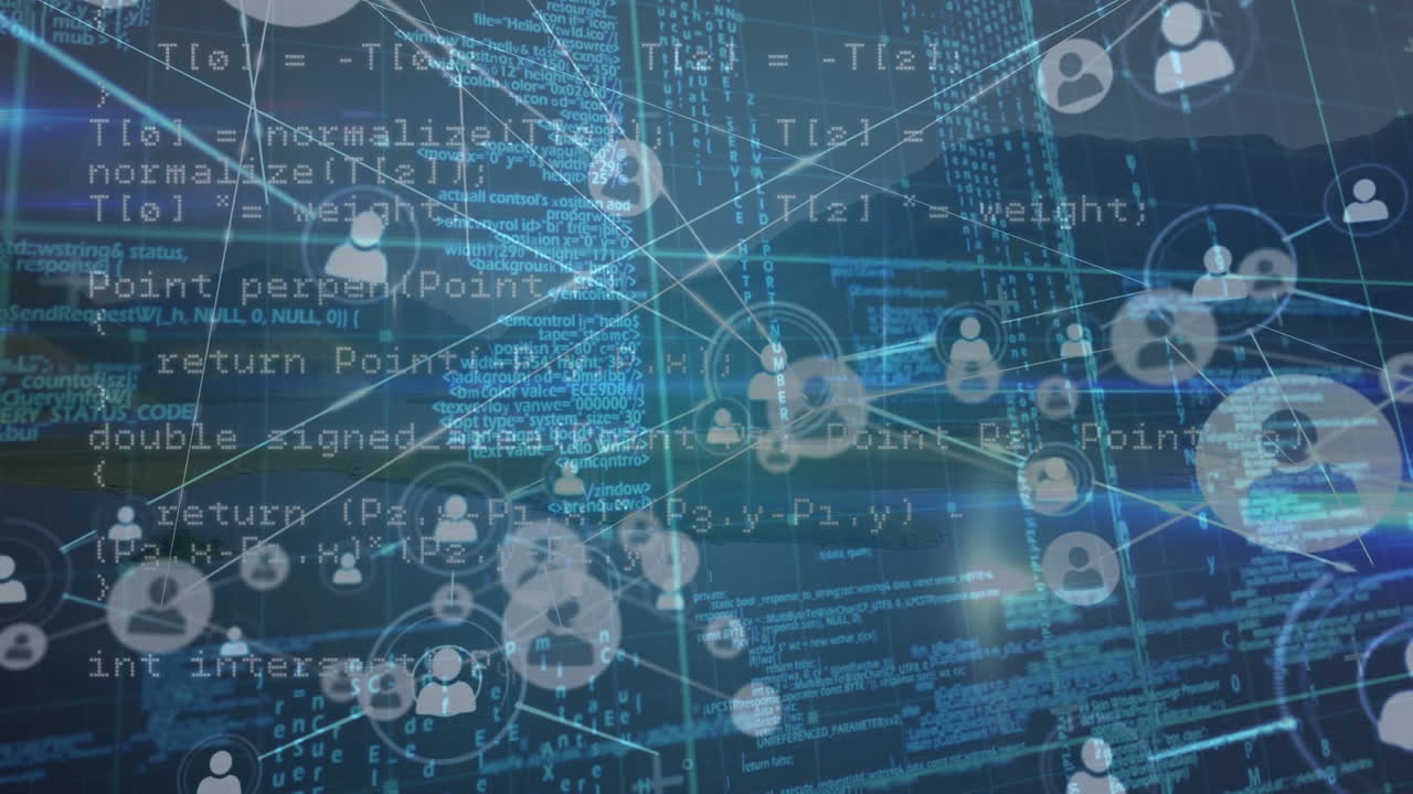 풍경 위의 아이콘으로 연결된 네트워크의 애니메이션