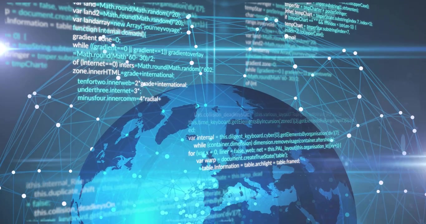 Globo digitale che appare innesca una griglia di rete che si estende e codice che scorre, dimostrando la connettività.