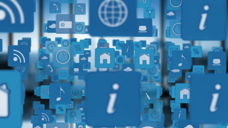 iconos digitales que incluyen casa, búsqueda y globo, flotando en animación azul