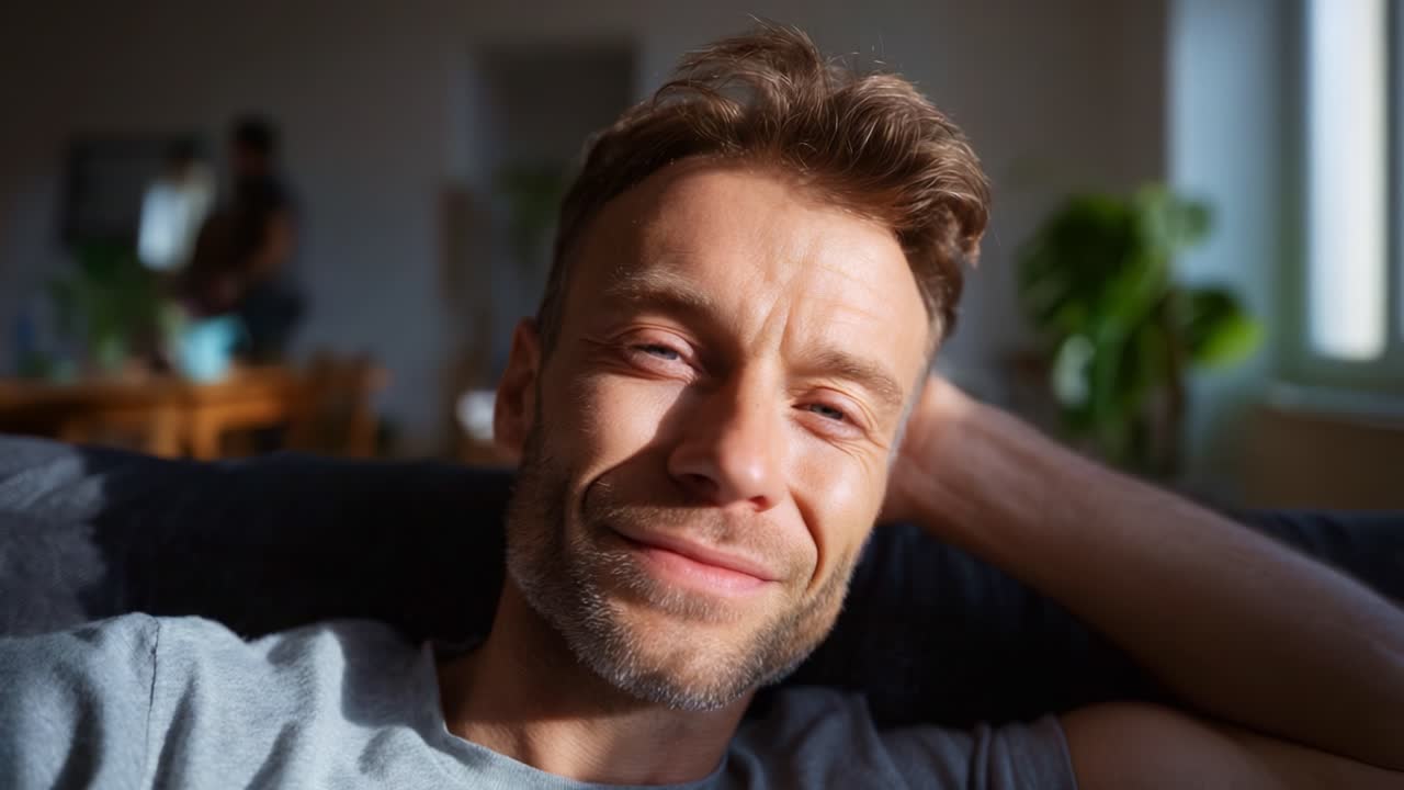 En avslappet mann nyter et solfylt øyeblikk hjemme, smiler komfortabelt mens sollyset fremhever trekkene hans i et koselig arbeidsområde
