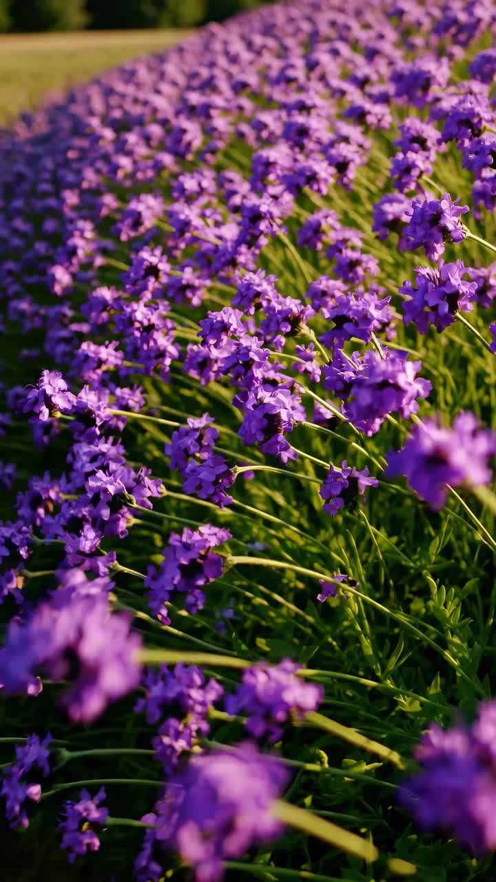 Un video con inquadratura dal basso cattura un vivace campo di fiori viola, che si estende all'orizzonte