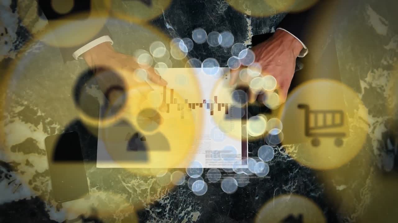 네트워크 연결 및 디지털 아이콘의 애니메이션으로 비즈니스맨과 함께 지구를 형성합니다.