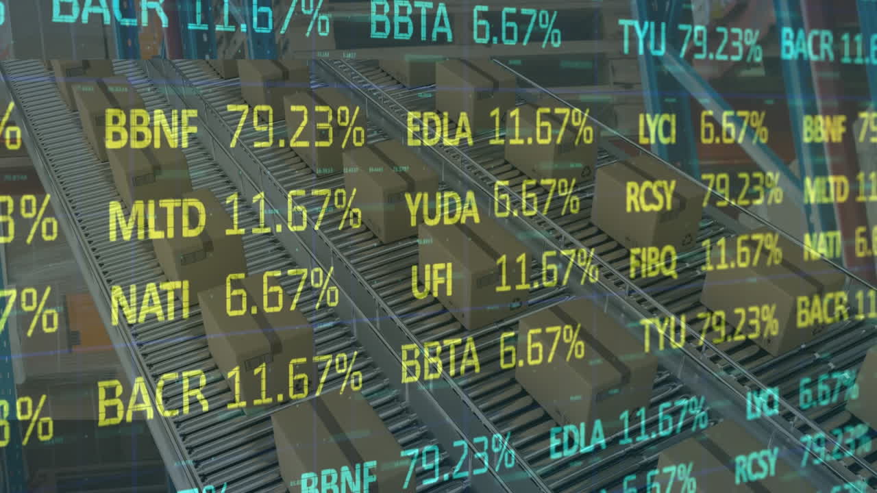 animación del procesamiento de datos financieros sobre cajas de cartón en cintas transportadoras en el fondo