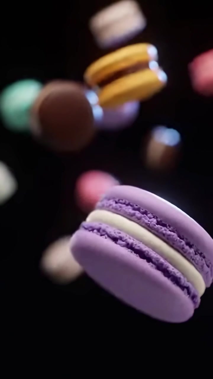 Vibrant Macarons with Cream Filling Floating on Black Background