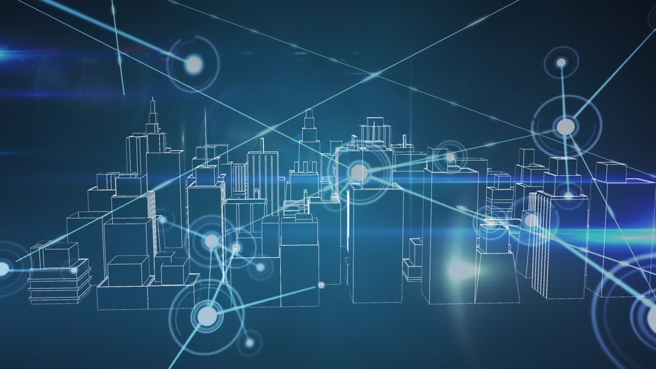 3d 도시 풍경 위의 연결 네트워크의 애니메이션