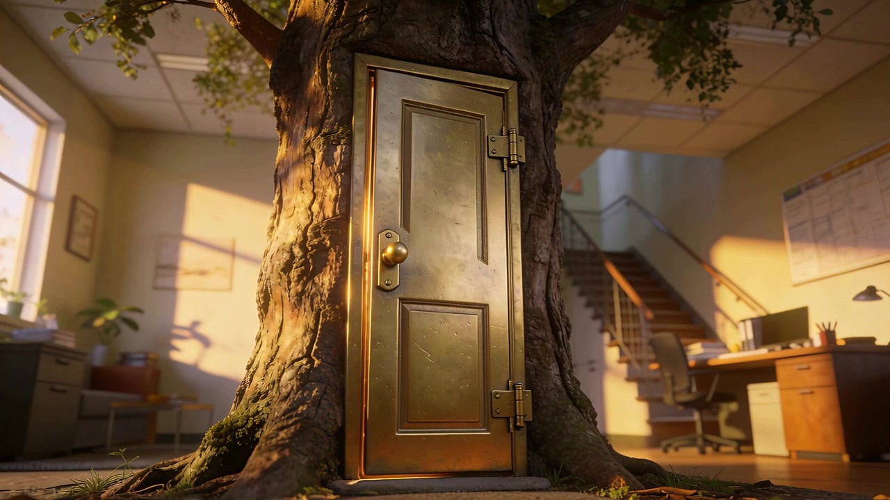 Puerta dorada ornamentada cerrándose, incrustada en un tronco de árbol, con una sala de oficina amueblada que oculta una escalera estrecha.
