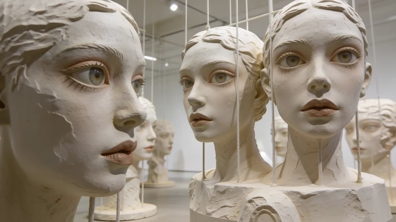 Un opérateur recule le chariot pour révéler des têtes féminines sculptées dans un musée, montrant les tiges de suspension.