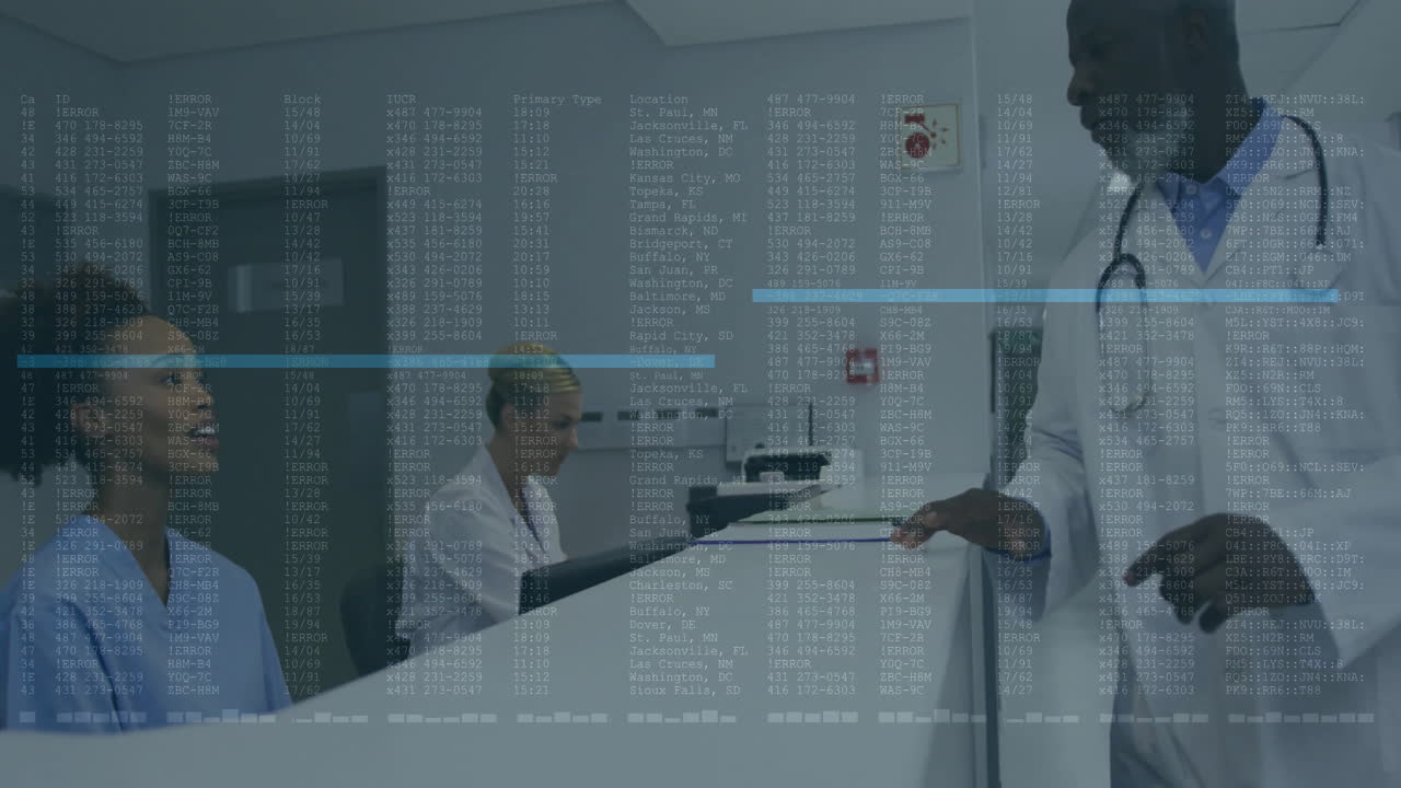 Medical doctor reviewing patient folder at counter, with floating error codes overlaying scene