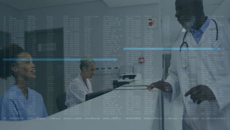 medical doctor reviewing patient folder at counter, with floating error codes overlaying scene
