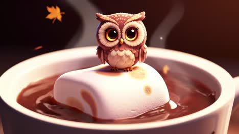 a charming little owl perched on a marshmallow in a cup of hot chocolate, surrounded by warm steam and autumn leaves, evoking a cozy and whimsical atmosphere