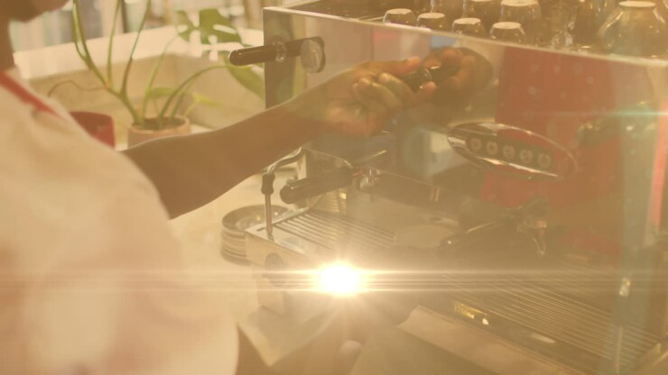 Animazione di bagliore dell'obiettivo e luce solare con le mani di un barista che prepara il caffè usando una macchina