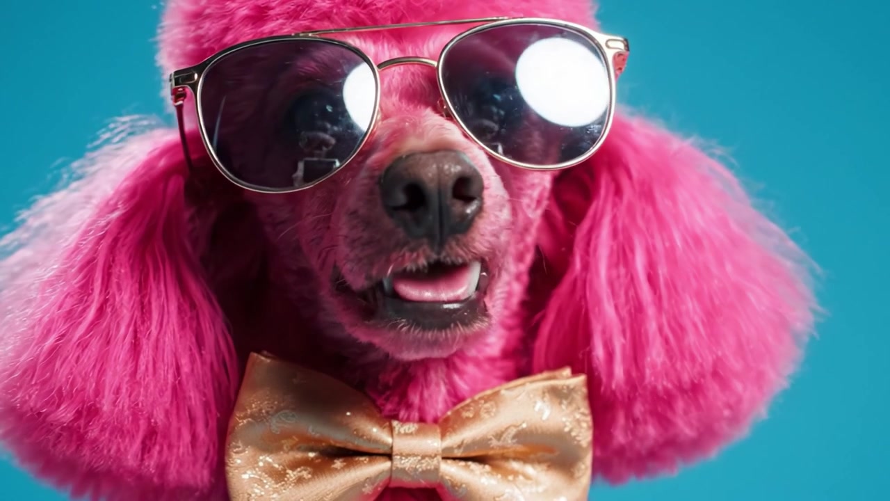 Ein stilvoller rosa Pudel mit Sonnenbrille und Fliege zeigt spielerische Eleganz vor einem hellblauen Hintergrund in diesem lustigen und bezaubernden Haustierporträt